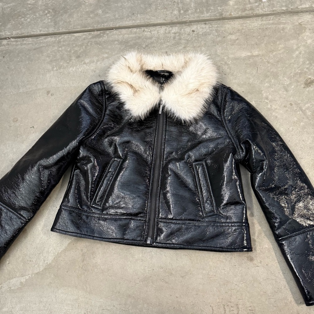 Unreal Fur Black and White Leather Jacket with Faux Fur Collar